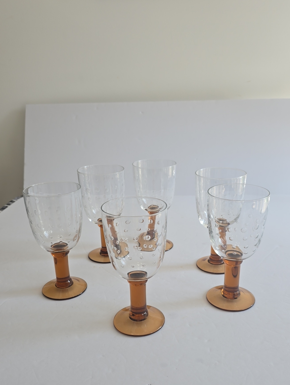 Dansk Set Of 6 Reactic Khaki Water Goblets Wine Glasses Bubble Amber Stem 7 1/4"